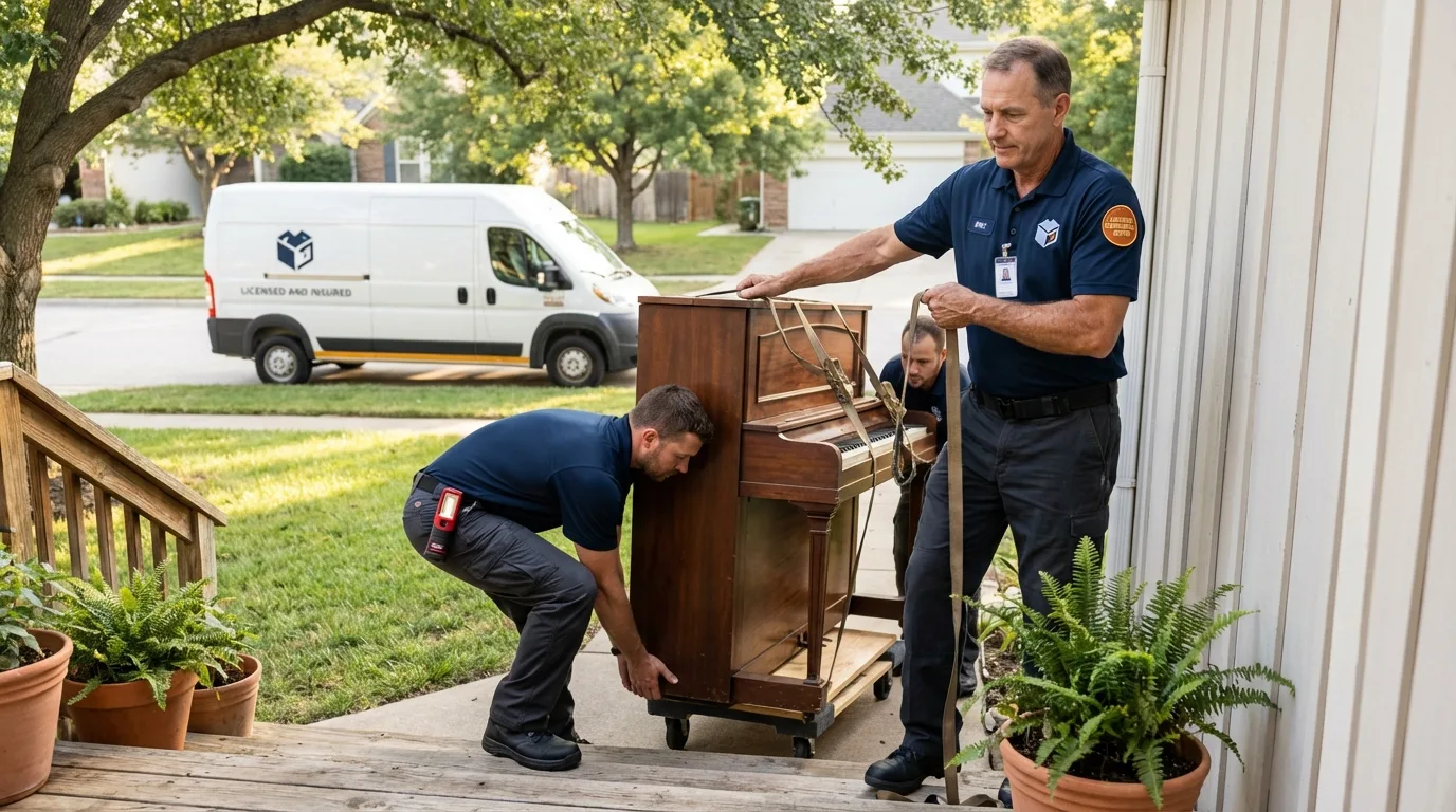 Licensed piano movers securing grand piano in Ragland, AL