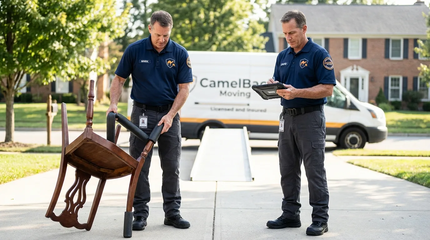 Movers inspecting furniture for damage prevention before loading in Ragland, AL
