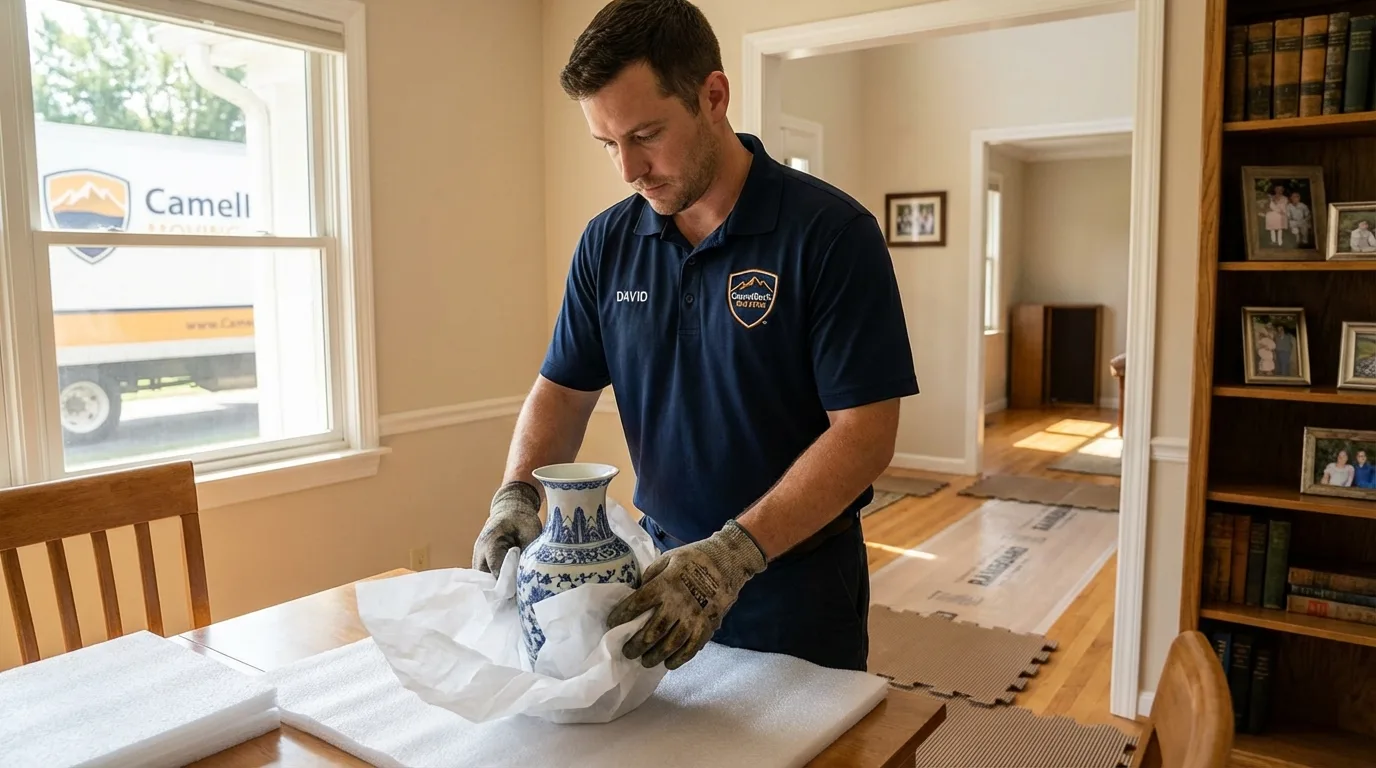 Professional crew carefully wrapping antique vase for senior downsizing move in Ragland, AL